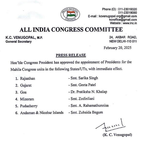 Congress President approves appointment of Presidents for Mahila Congress units