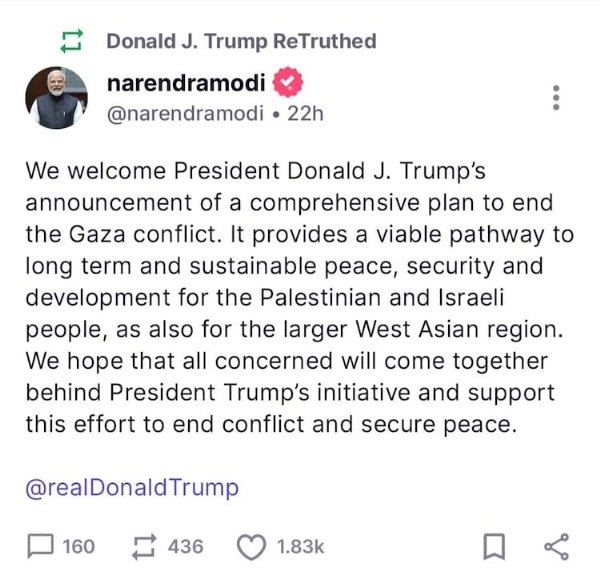 Trump Reposts Modi’s Backing of Gaza Peace Plan Without Comment