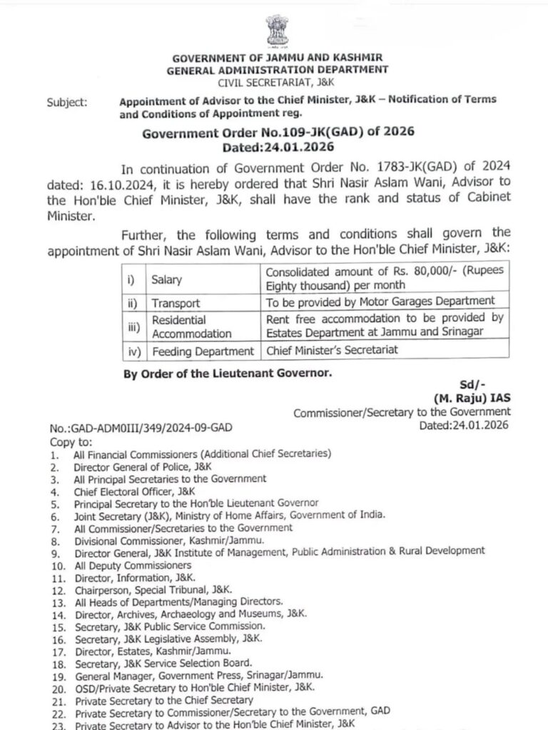 Nasir Aslam Wani granted status of Cabinet Minister