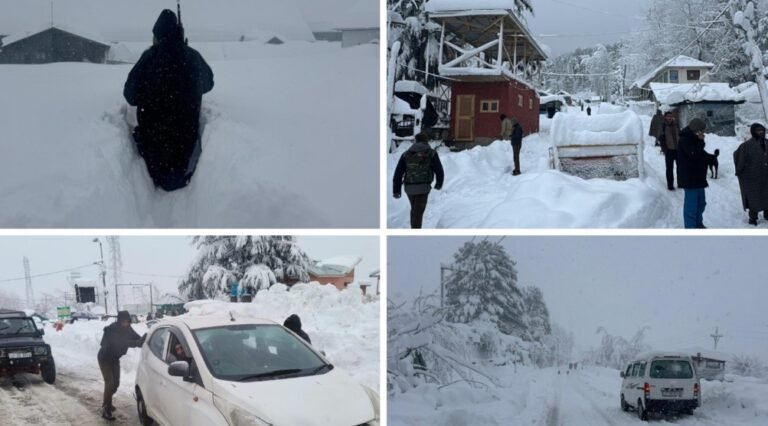 Police help tourists move safely during heavy snowfall in Tangmarg