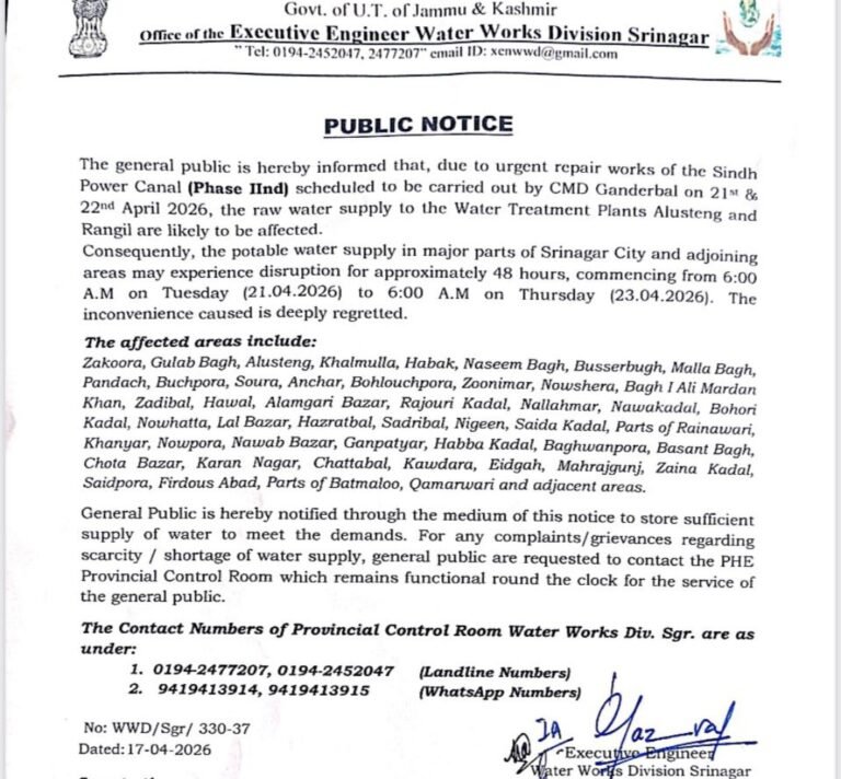 48-hour water supply disruption likely in Srinagar from April 21 due to repair works